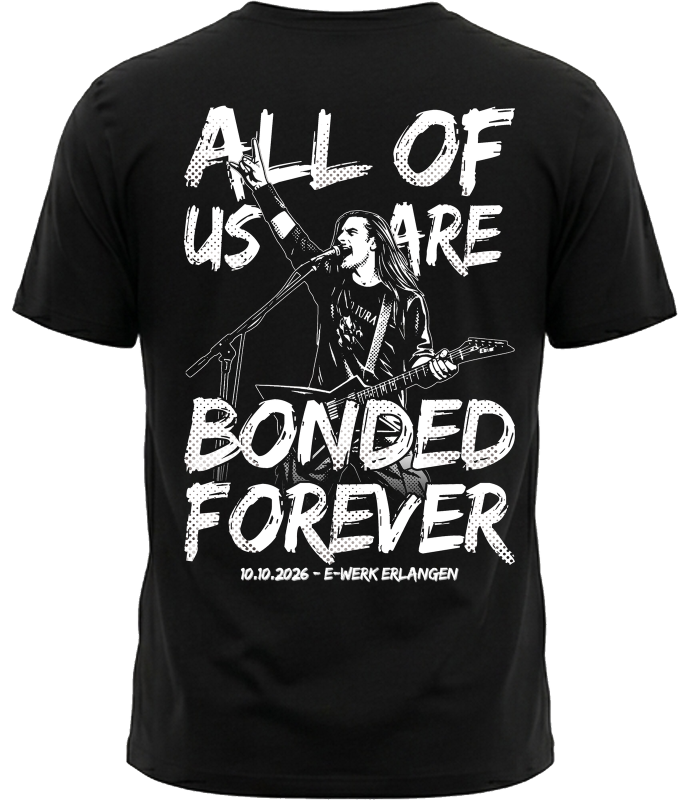 Rückseite: „All of us are bonded forever“ mit Silhouette von Mike und 10.10.2026 · E-Werk Erlangen.